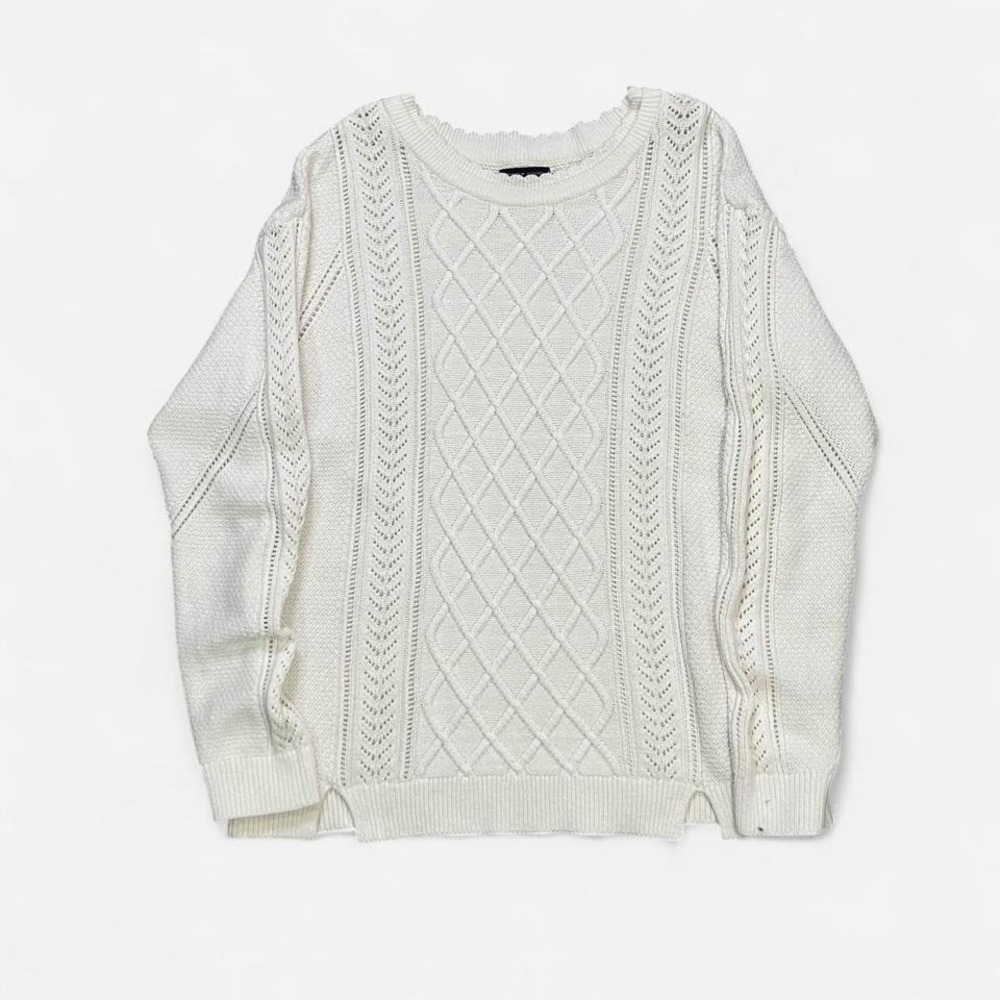 Tommy Hilfiger Womens Large White Cable Knit Pointelle Crewneck Sweater 381